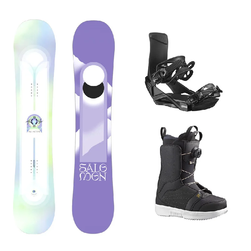 Salomon Lotus Womens Snowboard / Rhythm Snowboard Bindings / Pearl BOA Snowboard Boots Package 2024